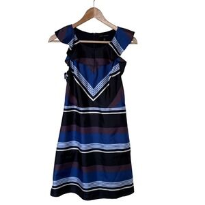 Banana Republic Silk Striped Dress Womens 2P Blue Excellent Ruffle Cocktail
